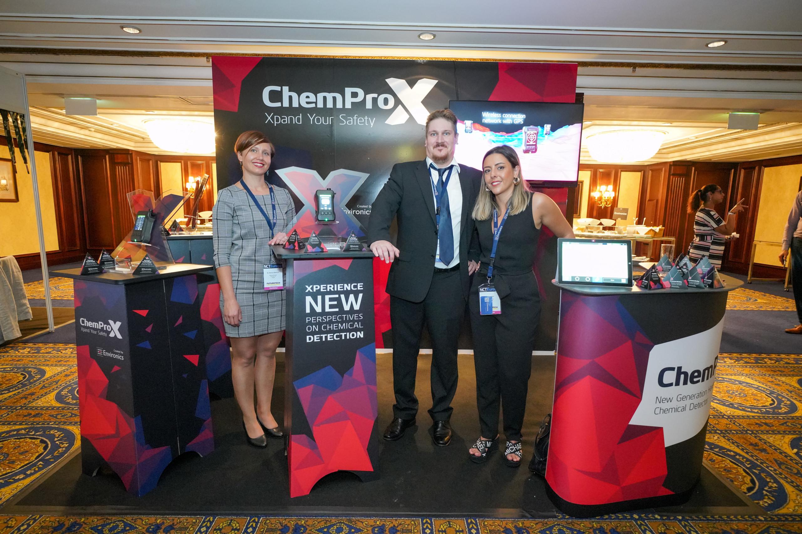 Environics team Teemu Partanen, Matleena Marttinen, and Ana Lopes showcasing ChemProX at NCT Europe in Vienna, 2019.